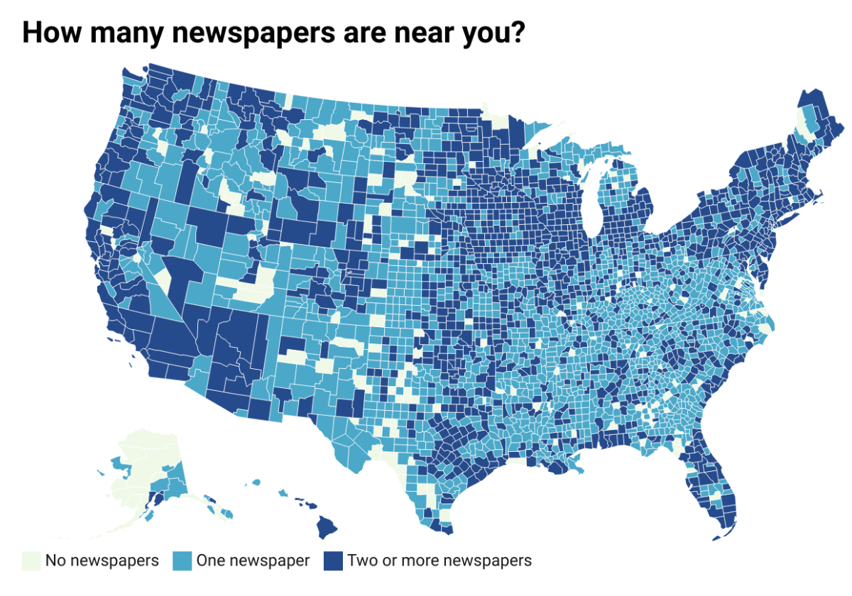 Map of the U.S. with light and dark blue dots showing the concentration of newspapers.