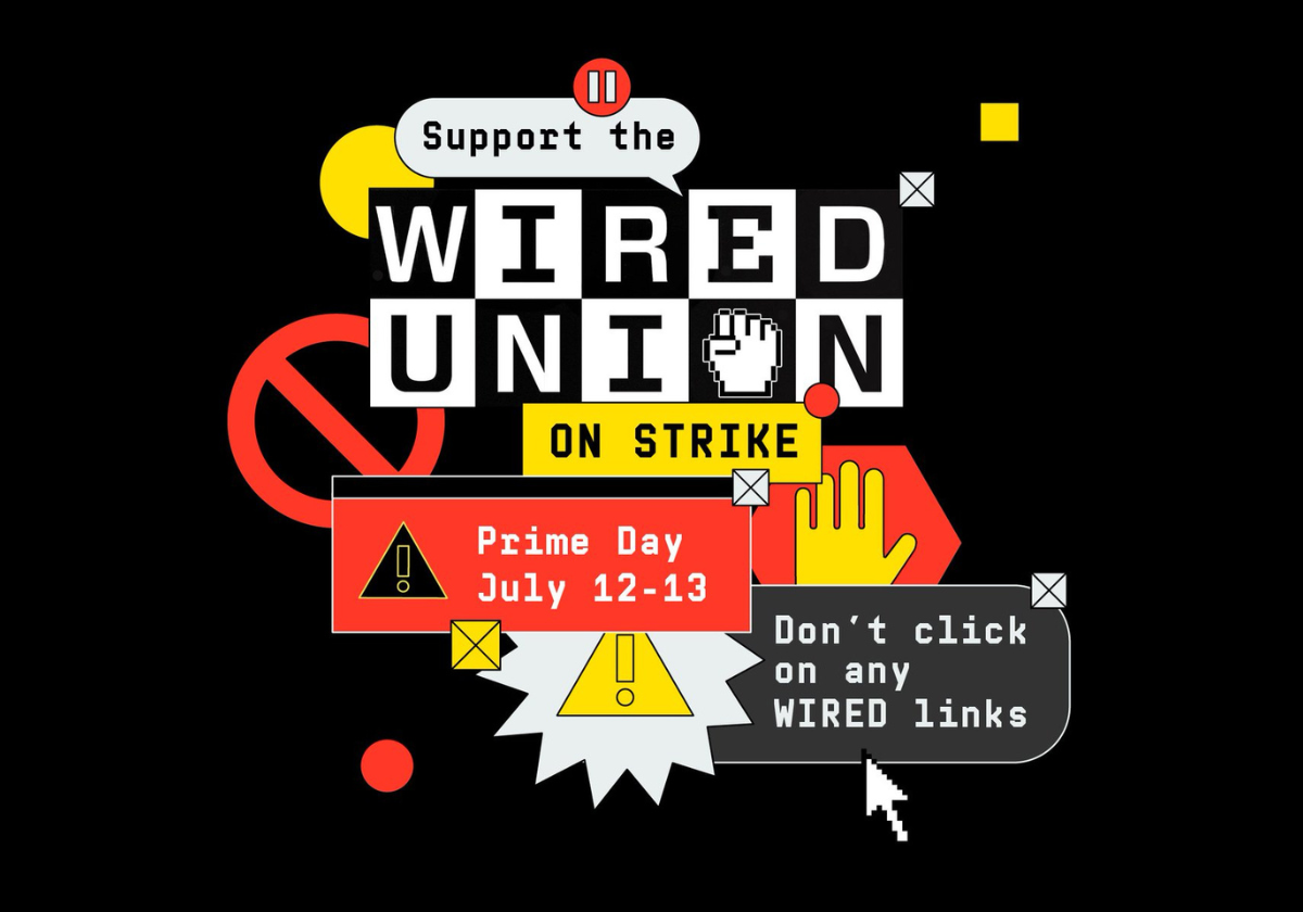 WIRED Union strike logo says, "On strike, Prime Day July 12-13, Don't click on any WIRED links."