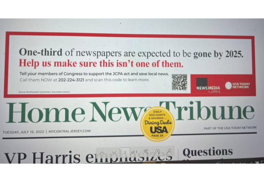Ad from Home News Tribune with text, 'One-third of newspapers are expected to be gone by 2025. Help us make sure this isn't one of them.'