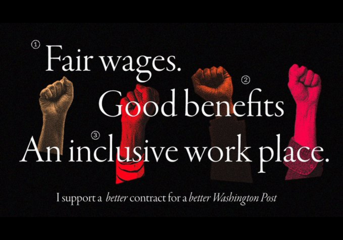 Logo with raises fists and the words "Fair wages, Good benefits, An inclusive workplace."