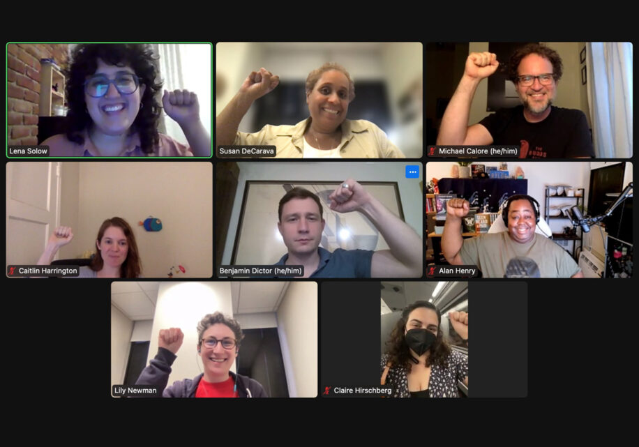 Union members, leaders and staff celebrate on Zoom after winning a first contract.