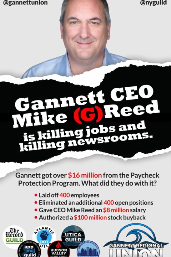 NewsGuild members protest CEO Mike Reed outside NYC conference