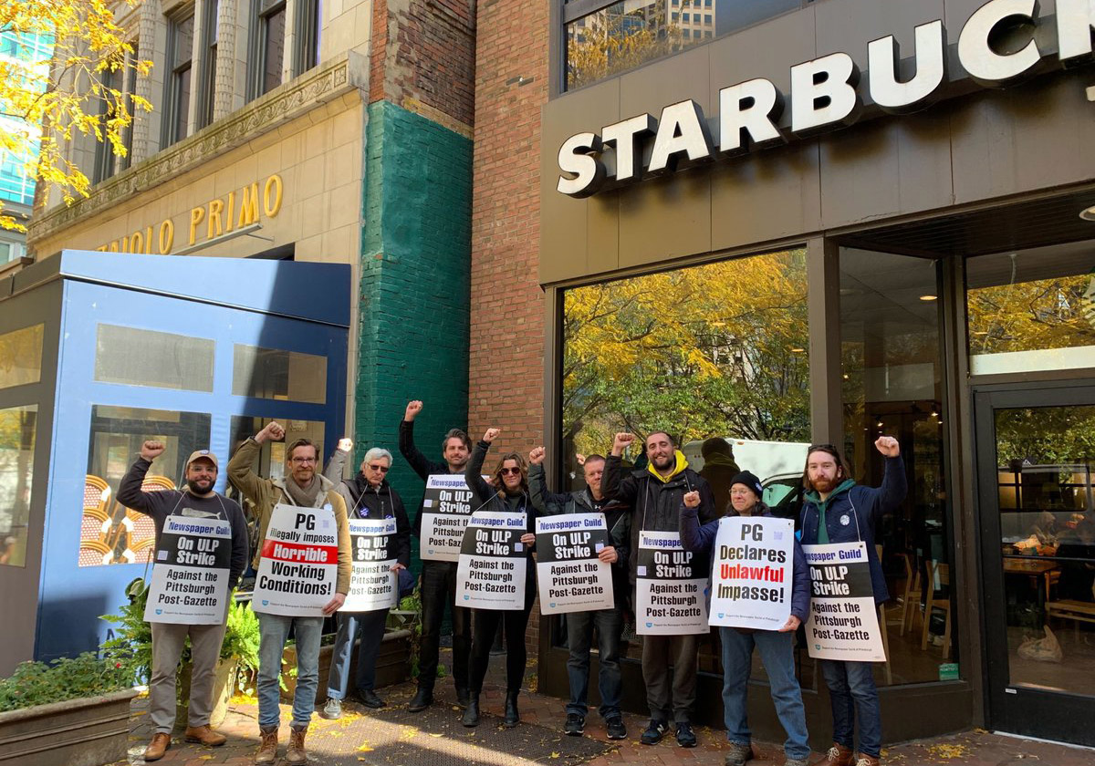 Striking Pittsburgh Post-Gazette workers joining Starbucks workers on strike on Oct. 20, 2022.