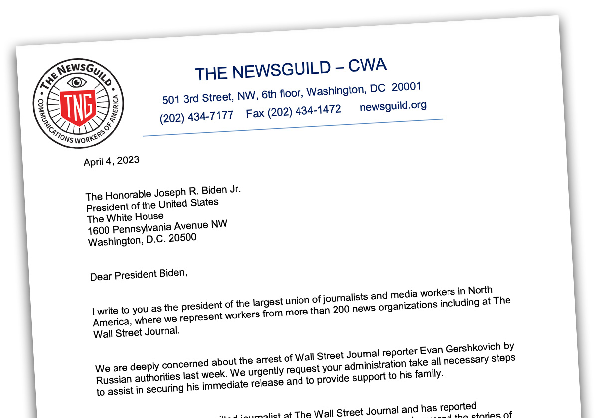 Screenshot of letter from NewsGuild-CWA President Jon Schleuss to President Biden, calling for the U.S. to fight for the release of Evan Gershkovich, who is held by Russian authorities