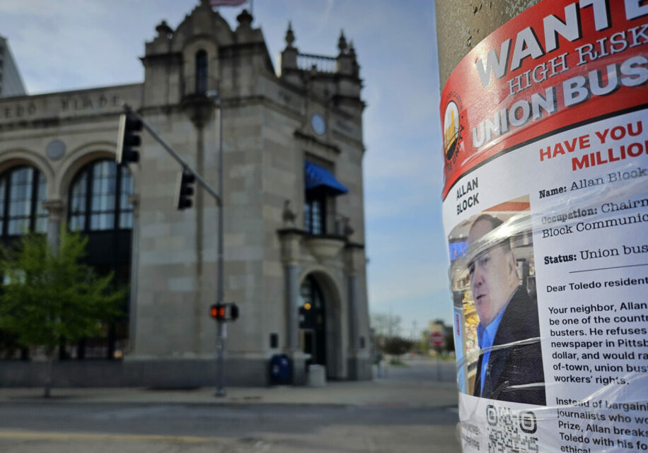 An Allan Block "Wanted" poster on a telephone pole across the street from the Toldeo Blade building Friday, May 5, 2023, in Toledo. (Andrew Goldstein/Pittsburgh Union Progress)