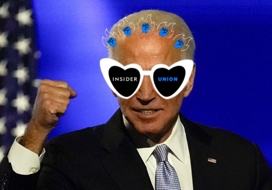Meme image of President Biden with heart-shaped sunglasses and the Insider Union logo on the glasses and his hair while his fist is raised.