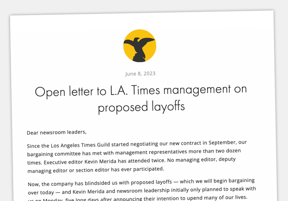 Screenshot of letter from Los Angeles Times journalists decrying management's attempts to lay off workers without bargaining.