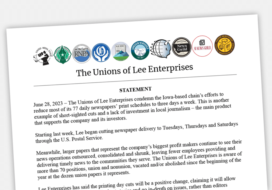 Screenshot of statement issued by leaders of NewsGuild unions representing workers at Lee Enterprises