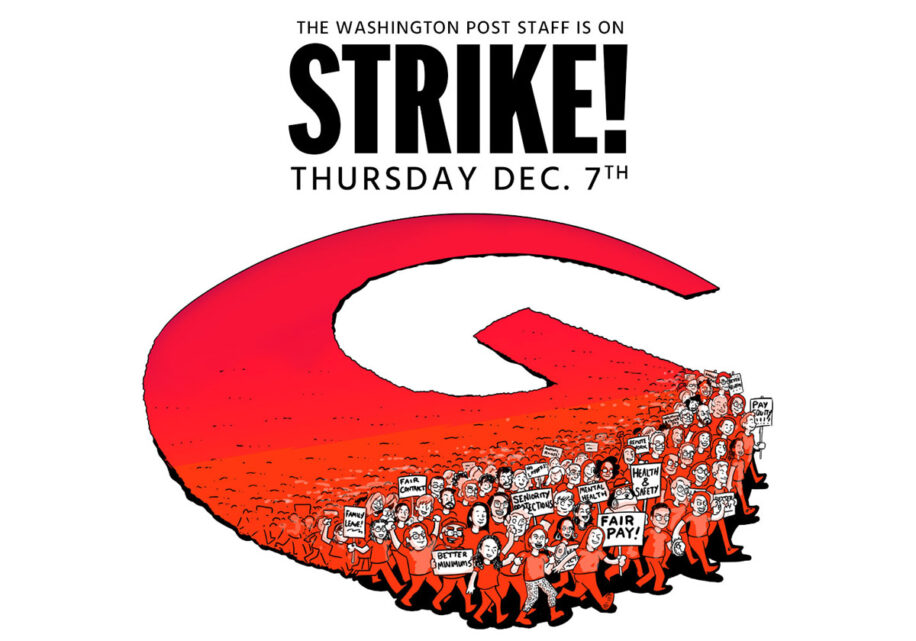 Graphic of the Washington Post strike on Thursday, December 7 showing a large group of workers marching with picket signs in the shape of a letter "G" for Guild