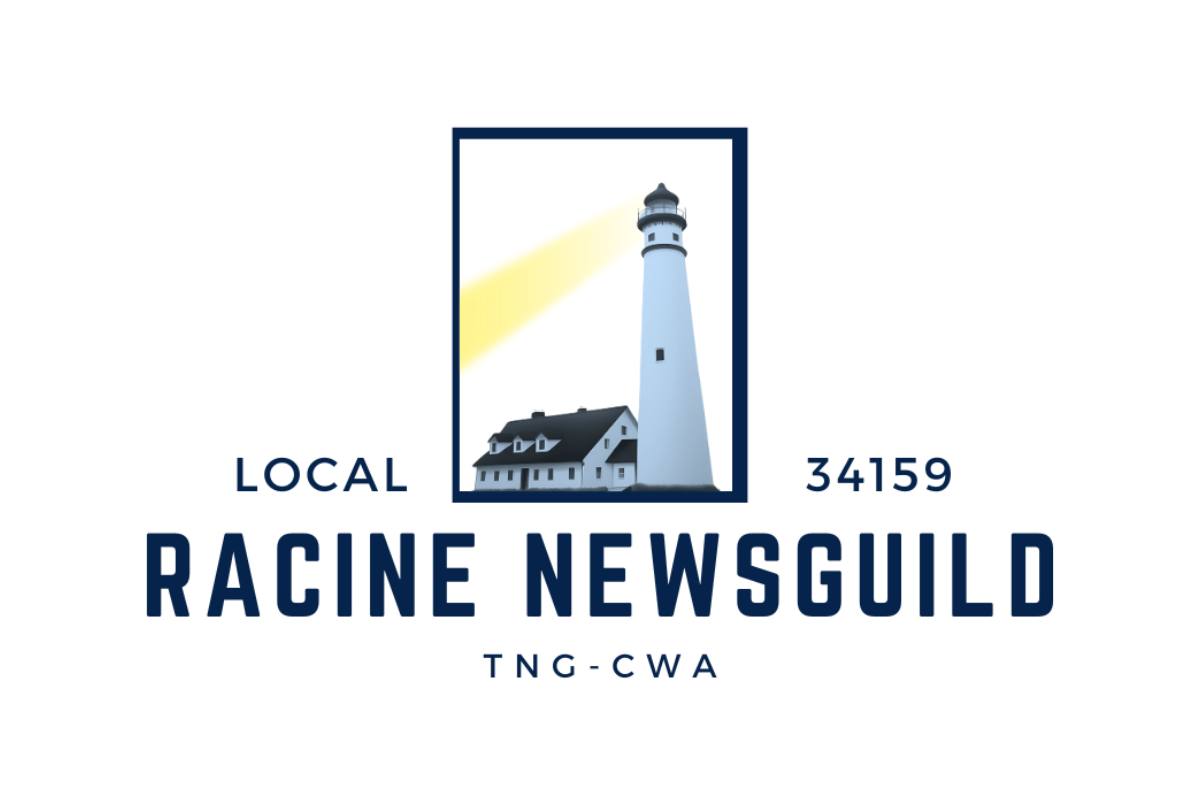 The image displays the logo of "Racine Newsguild Local 34159," part of TNG-CWA (The NewsGuild - Communications Workers of America). The logo features a lighthouse with a beam of light shining, accompanied by a building in the foreground. The text "Local 34159 Racine Newsguild" is placed below the lighthouse, with the "TNG-CWA" label beneath that. The overall design evokes a sense of guidance and community, symbolized by the lighthouse.