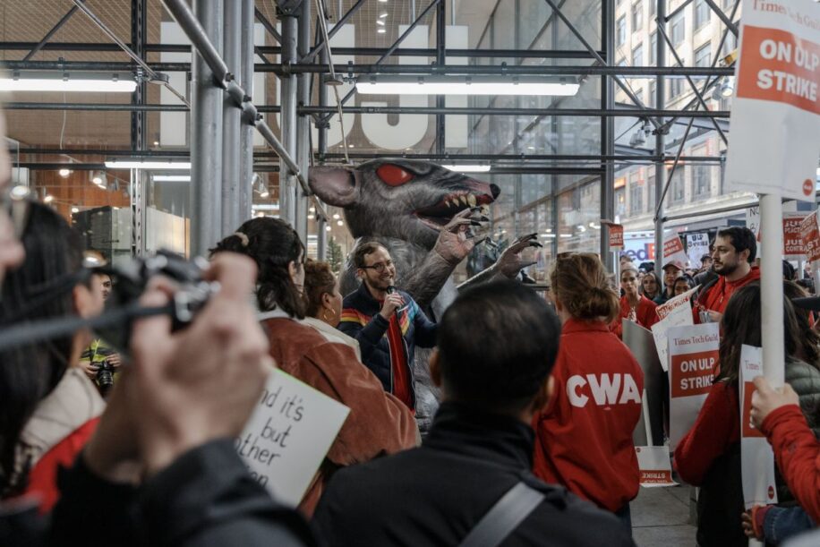 NYT tech workers rally outside of the NYT on election day.