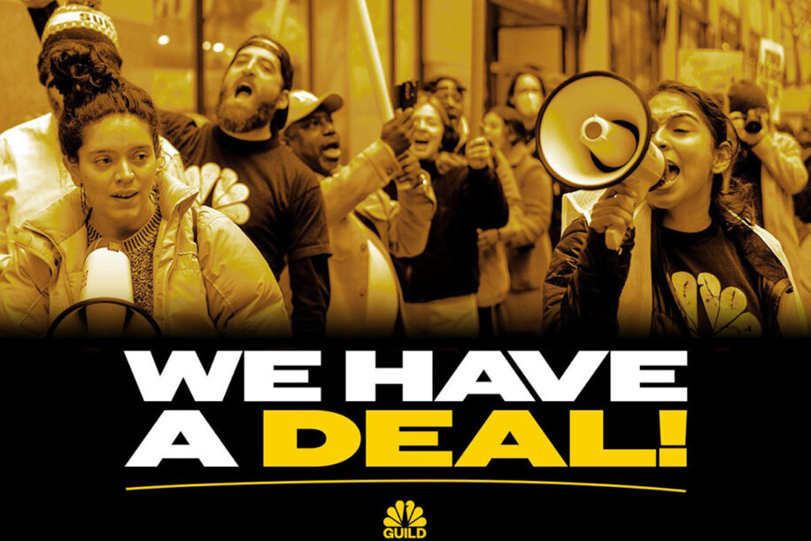 Sepia photo of NewsGuild members at NBC rallying for a contract with the text "We have a deal!" below