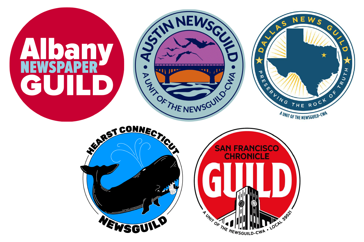 Logos of news bargaining units part of The NewsGuild-CWA: Albany, Austin, Dallas, Connecticut, San Francisco