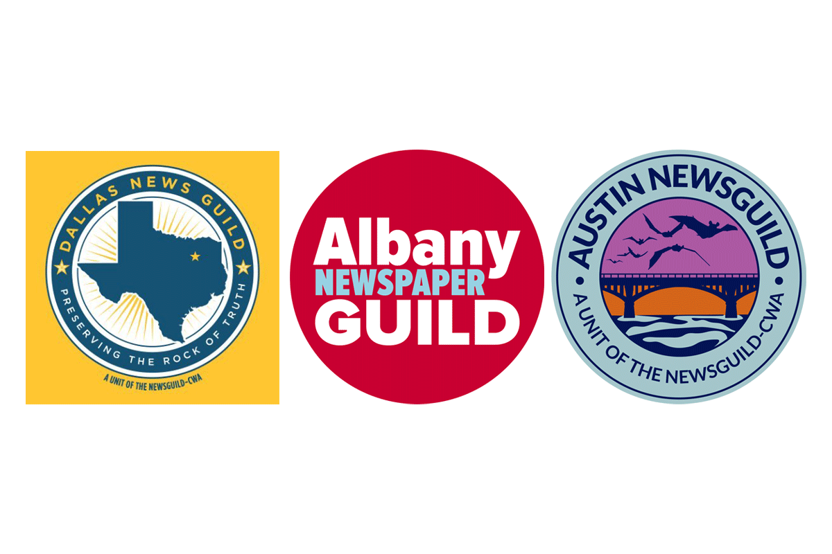 Graphic with the logos for the Dallas Morning News Guild, Albany Guild and Austin Guild