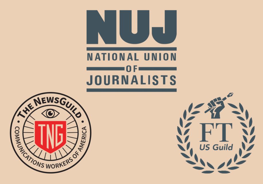 Graphic of three logos: National Union of Journalists, The NewsGuild-CWA and the Financial Times US Union
