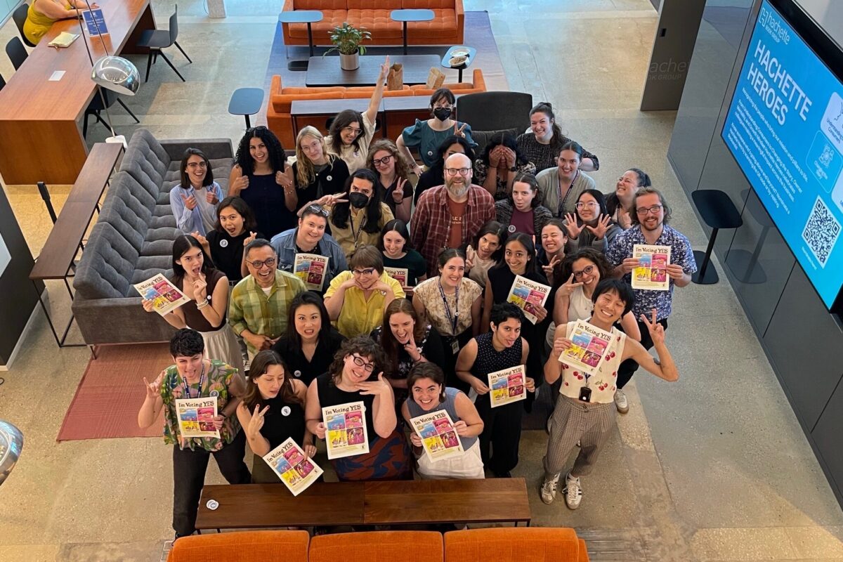 Hachette workers posing for a group photo while they were voting to unionize with The NewsGuild-CWA