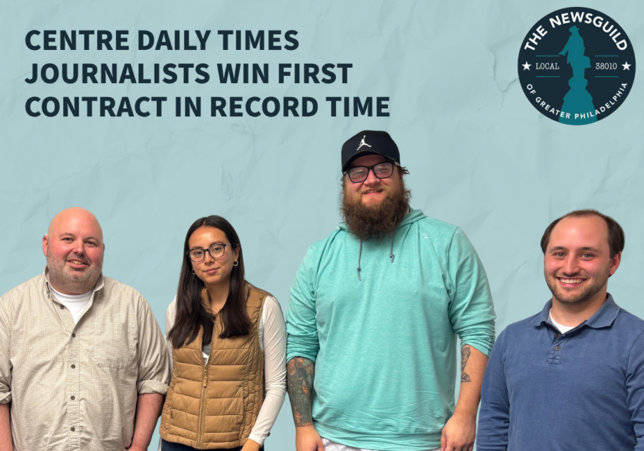Graphic with a photo of unionized journalists at the Centre Daily Times.