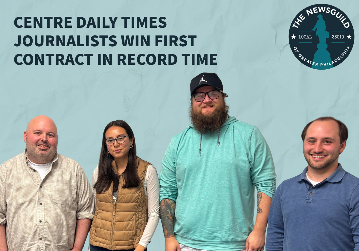 Graphic with a photo of unionized journalists at the Centre Daily Times.