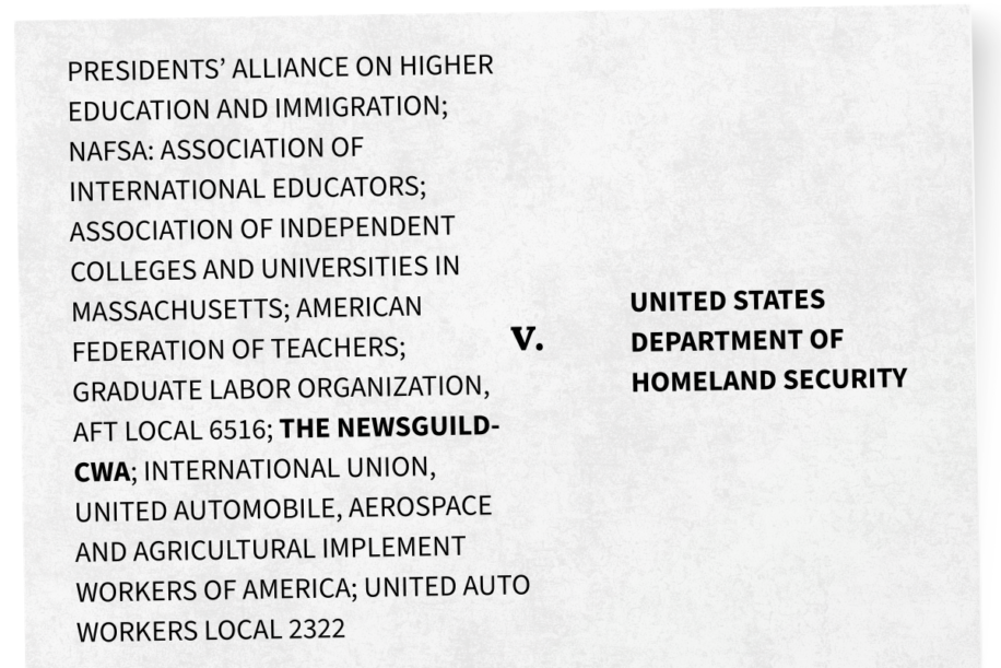 Lawsuit graphic showing the caption of a recent lawsuit involving The NewsGuild-CWA and the U.S. Department of Homeland Security