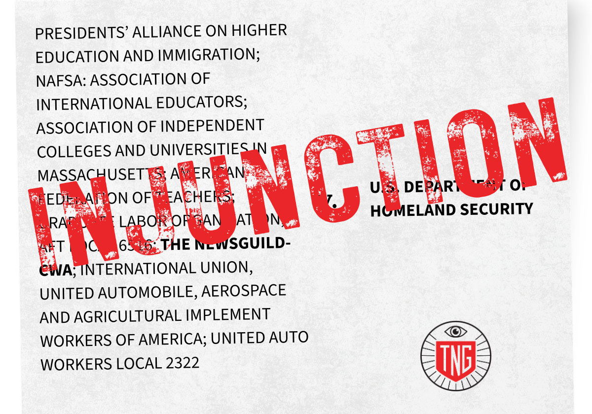 Graphic showing a lawsuit caption with the word "INJUNCTION" over the top in a stamp font