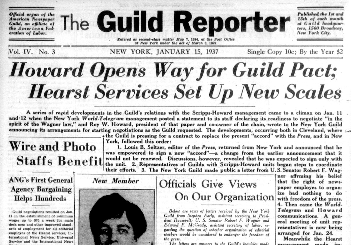 Screenshot of 1937 edition of The Guild Reporter, the newspaper of The American Newspaper Guild