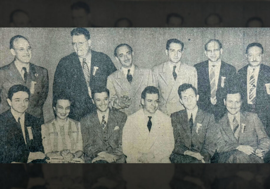 The American Newspaper Guild's International Executive Board: A picture just as the 1940 Convention ended. Seated left to right, Harry Martin of Memphis, Agnes Fahy of Newark, Executive Vice President Milton Kaufman, President Donal M. Sullivati, Secretary-Treasurer Victor Pasche, Don Pinkston of Sioux City; back row, George Wilson of San Francisco,
