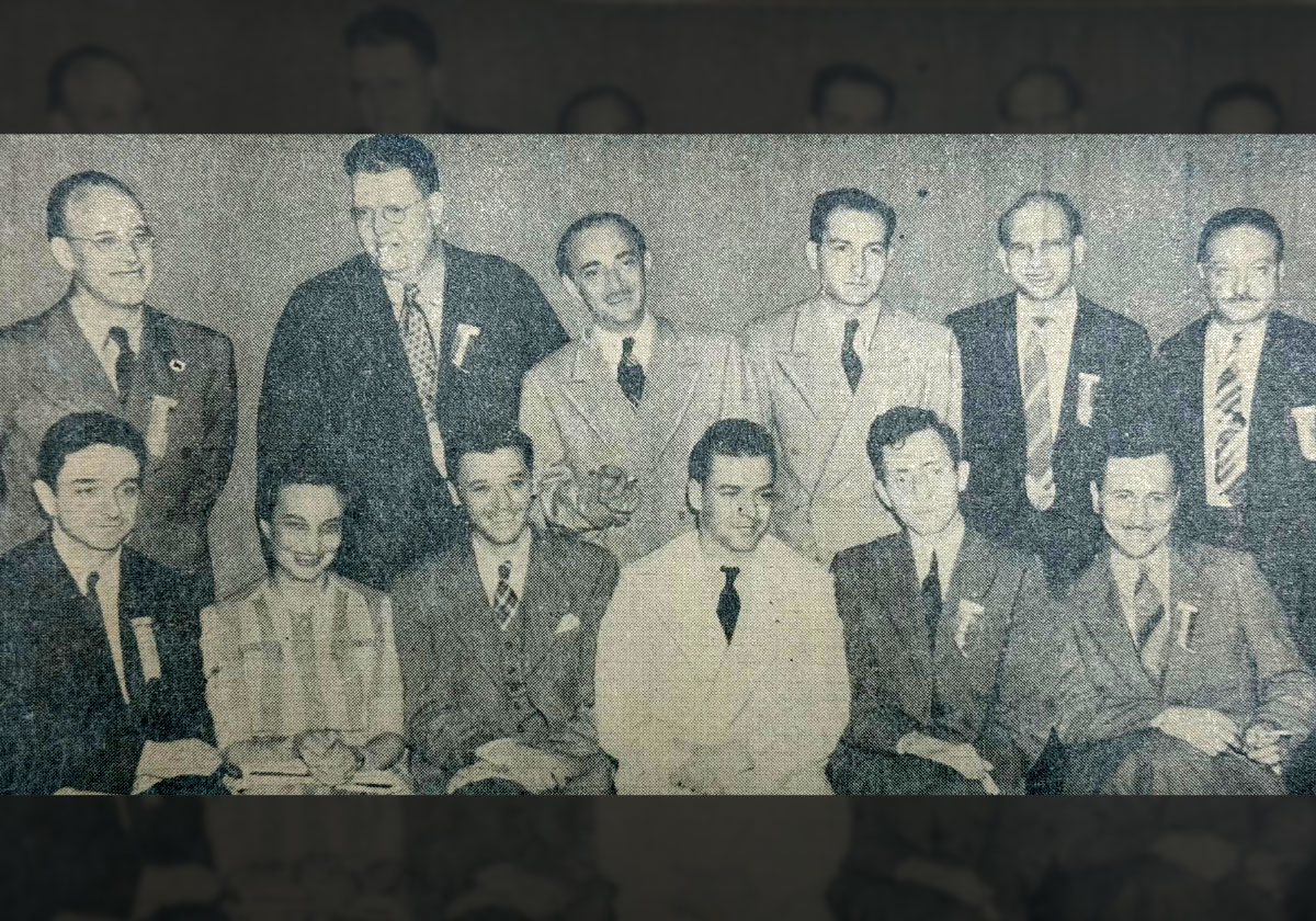 The American Newspaper Guild's International Executive Board: A picture just as the 1940 Convention ended. Seated left to right, Harry Martin of Memphis, Agnes Fahy of Newark, Executive Vice President Milton Kaufman, President Donal M. Sullivati, Secretary-Treasurer Victor Pasche, Don Pinkston of Sioux City; back row, George Wilson of San Francisco,